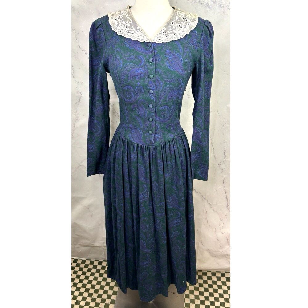 Vtg Laura Ashley Prairie Paisley wool Dress Victorian cottagecore Lace collar 10